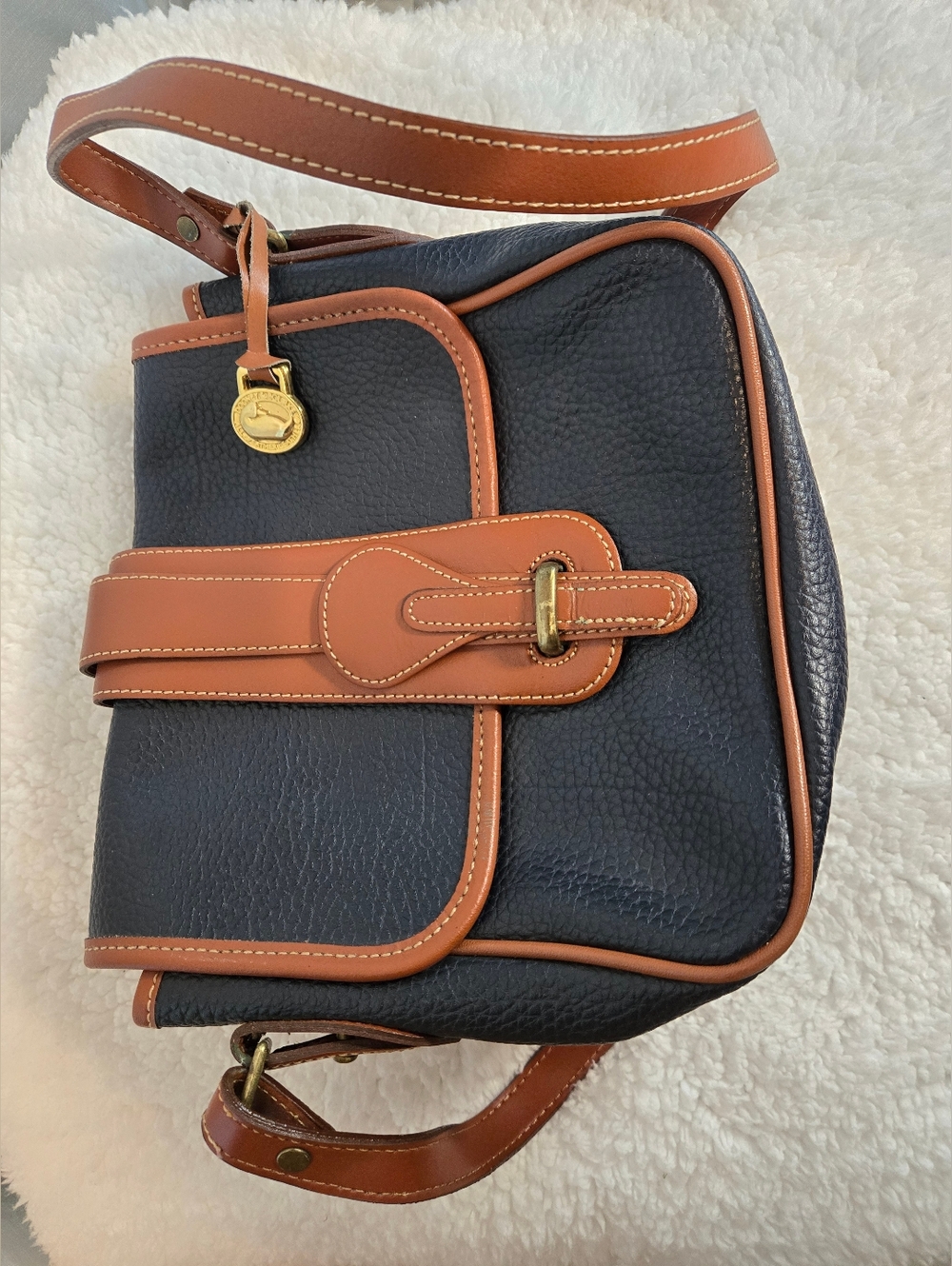 Classic Two-Tone Dooney And Bourke All Wether Leather Crossbody - Navy & Brown